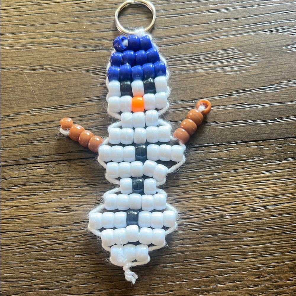 Beaded Snowman Keychain - White, Blue, Orange, Brown